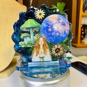 Handcrafted Fantasy Resin Art - Blue Moon & Green Mushrooms
